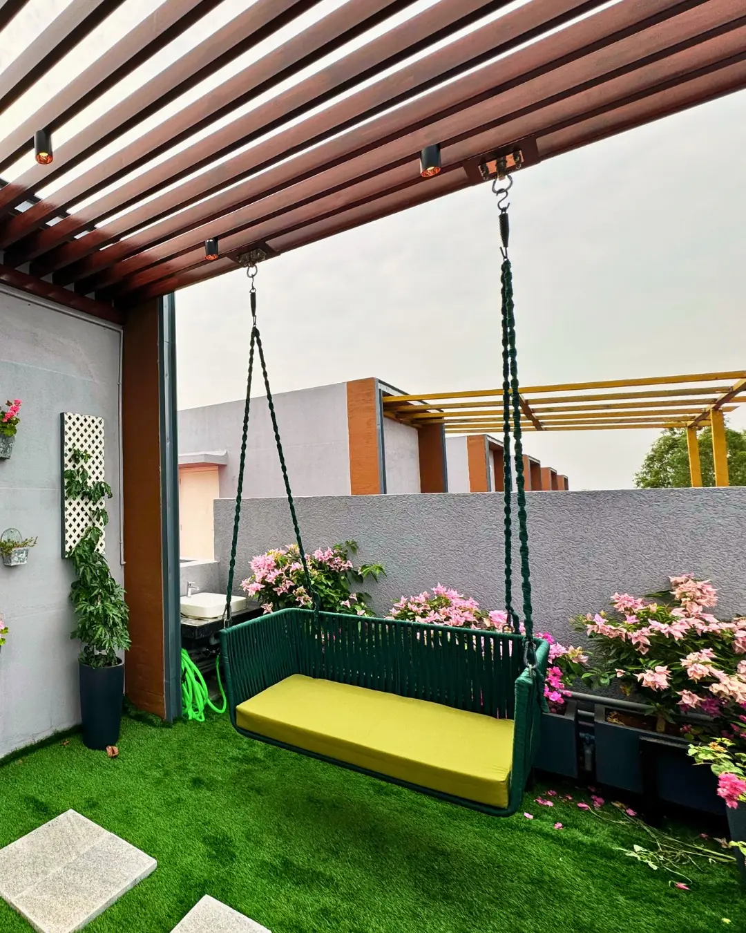 Terrace garden styled by Vibgyor Interiors for a new house in Nagarbhavi, Bangalore