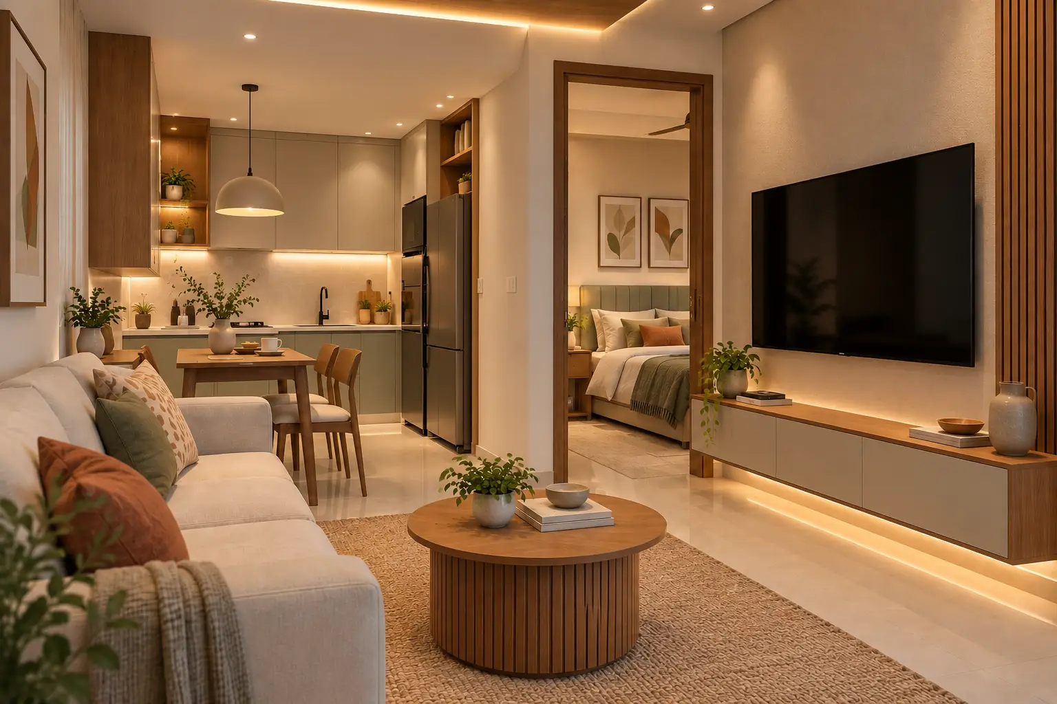Open-plan 1 BHK living and dining area with warm cove lighting and an illuminated TV unit
