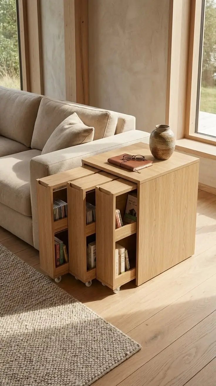 Multifunctional side table with built-in bookshelves beside a sofa in a compact living room