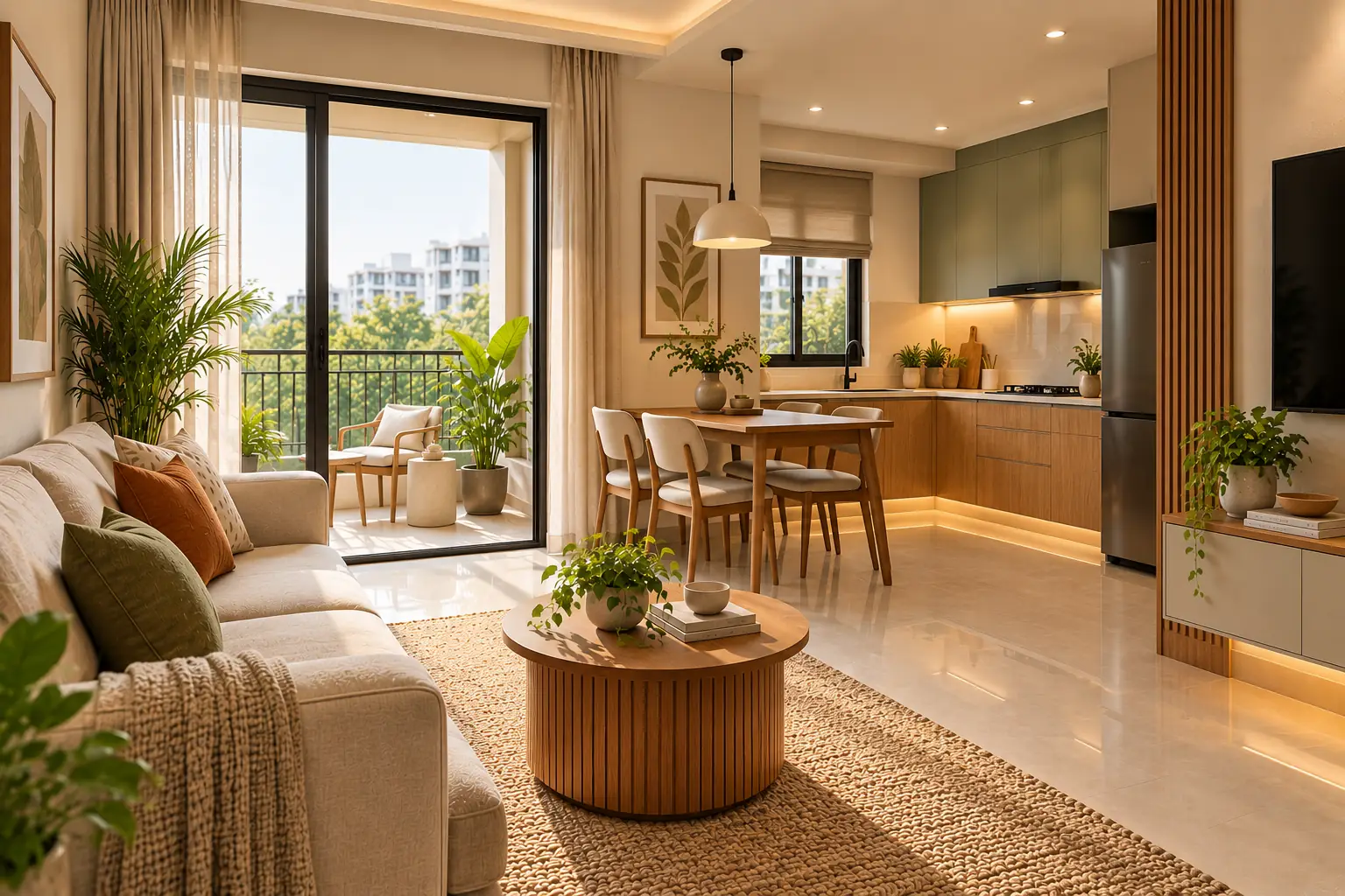 Bright 1 BHK living room with indoor plants, woven rug and wooden accents near a balcony