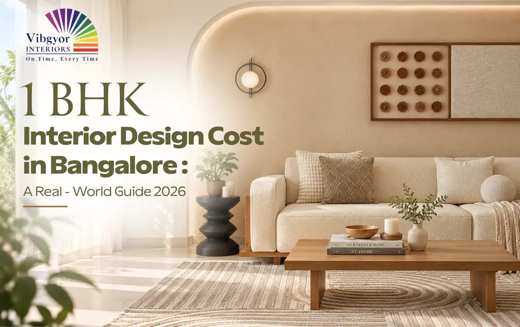 Modern 1 BHK apartment interior with modular kitchen and wardrobe in Bangalore